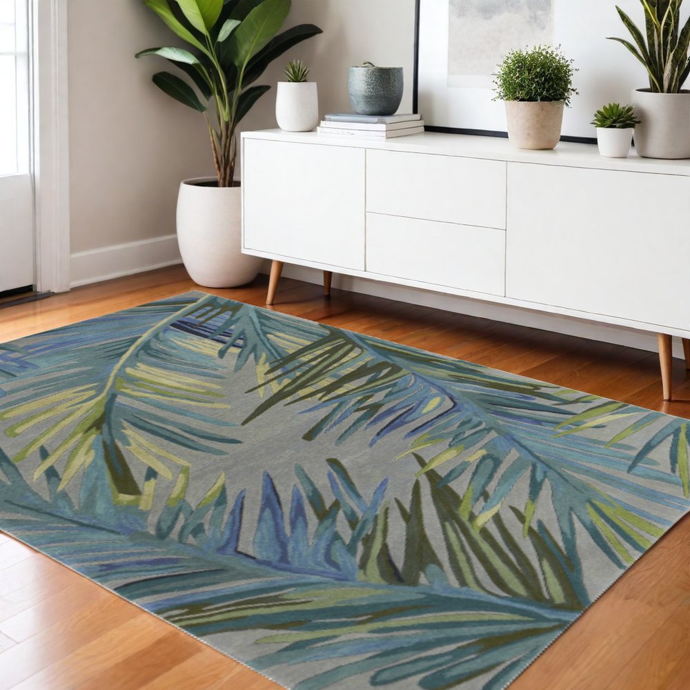 9' X 12' Gray And Blue Wool Tropical Botanical Hand Tufted Area Rug