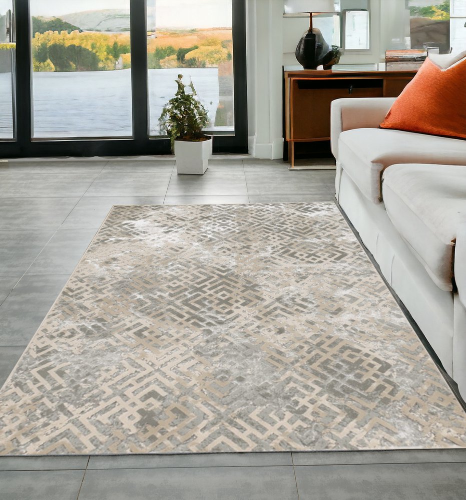 7' X 10' Sand And Light Blue Geometric Area Rug