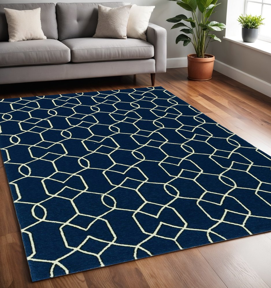 2' X 3' Navy Blue And Ivory Geometric Hand Hooked Area Rug