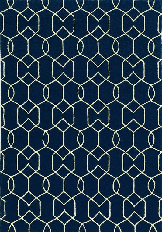 2' X 3' Navy Blue And Ivory Geometric Hand Hooked Area Rug