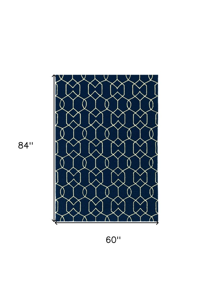 2' X 3' Navy Blue And Ivory Geometric Hand Hooked Area Rug