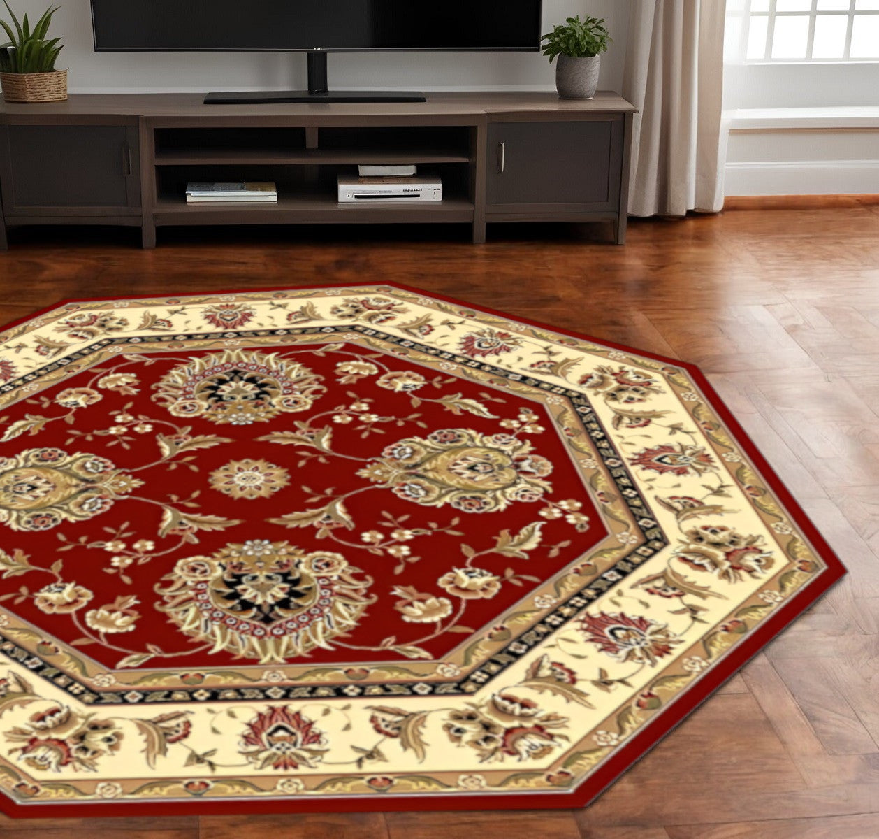 7' Red And Ivory Floral Medallion Octagon Rug