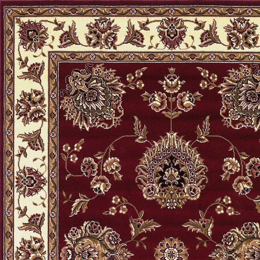 7' Red And Ivory Floral Medallion Octagon Rug