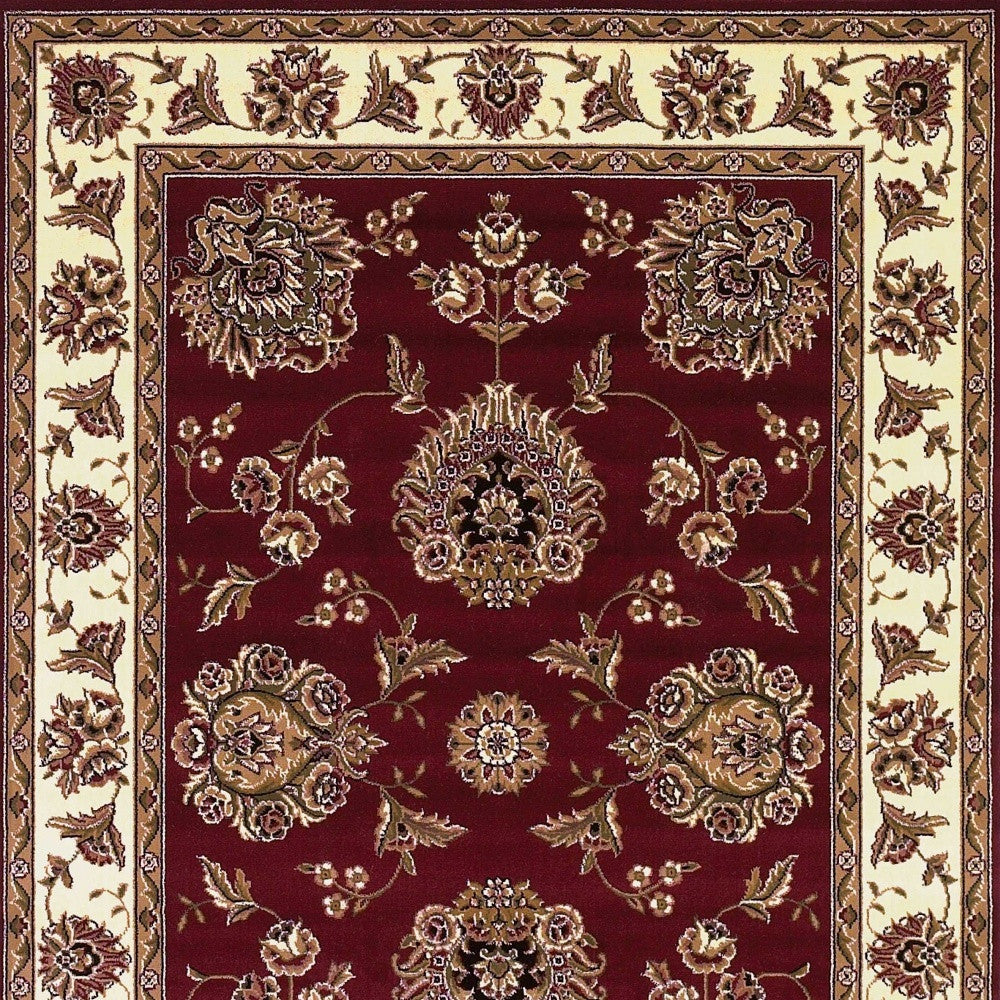 7' Red And Ivory Floral Medallion Octagon Rug