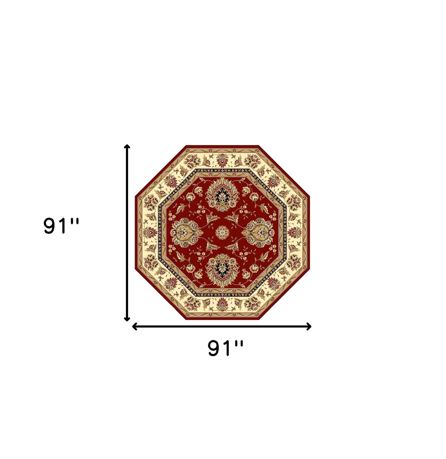 7' Red And Ivory Floral Medallion Octagon Rug