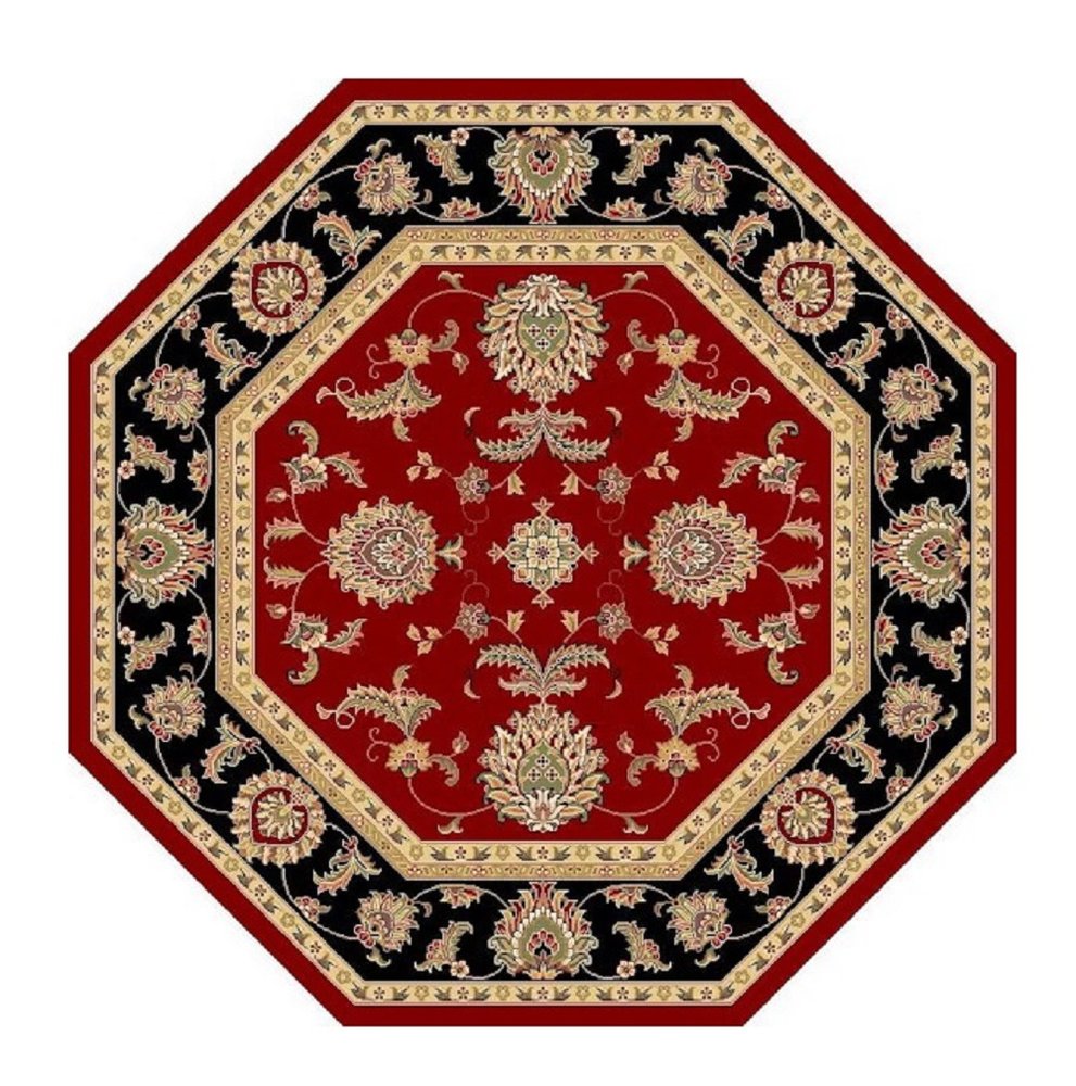 7' Red Black And Gold Floral Medallion Octagon Rug