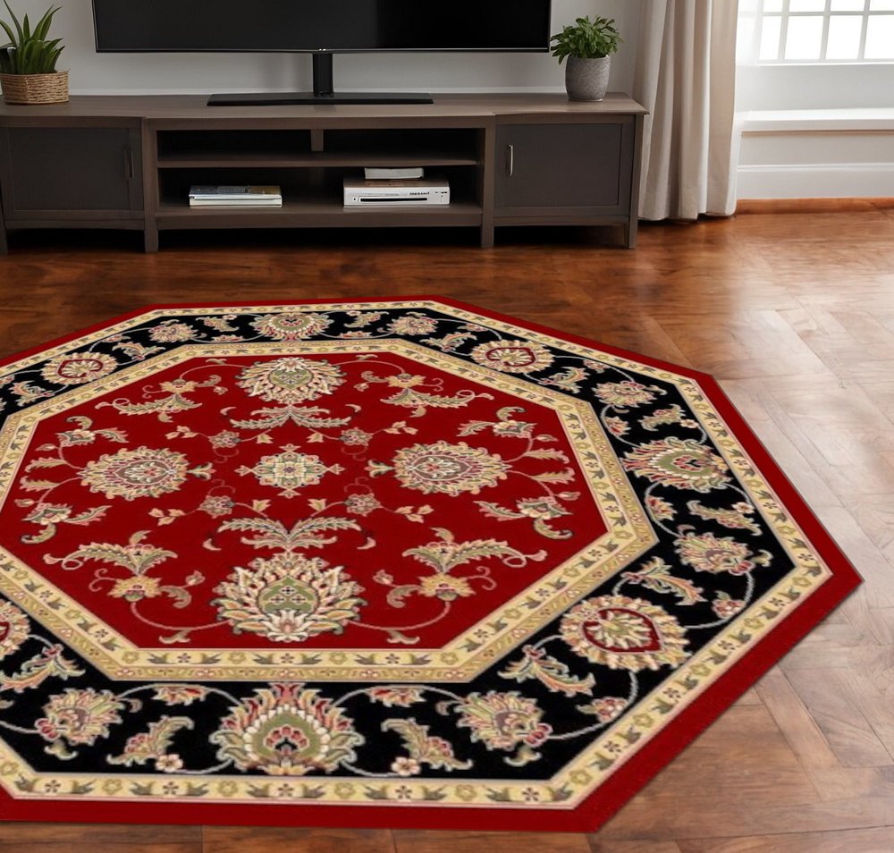 7' Red Black And Gold Floral Medallion Octagon Rug