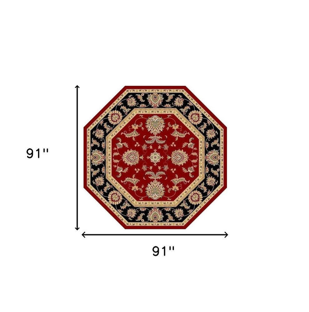 7' Red Black And Gold Floral Medallion Octagon Rug