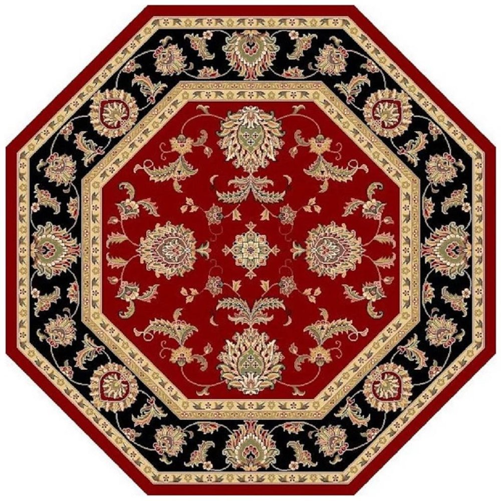 7' Red Black And Gold Floral Medallion Octagon Rug