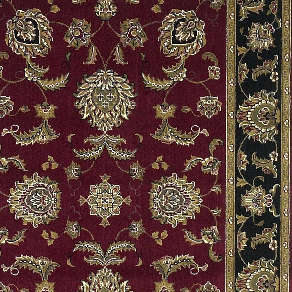 7' Red Black And Gold Floral Medallion Octagon Rug