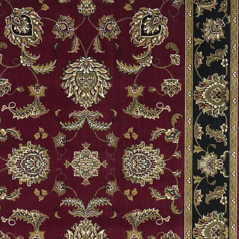 7' Red Black And Gold Floral Medallion Octagon Rug