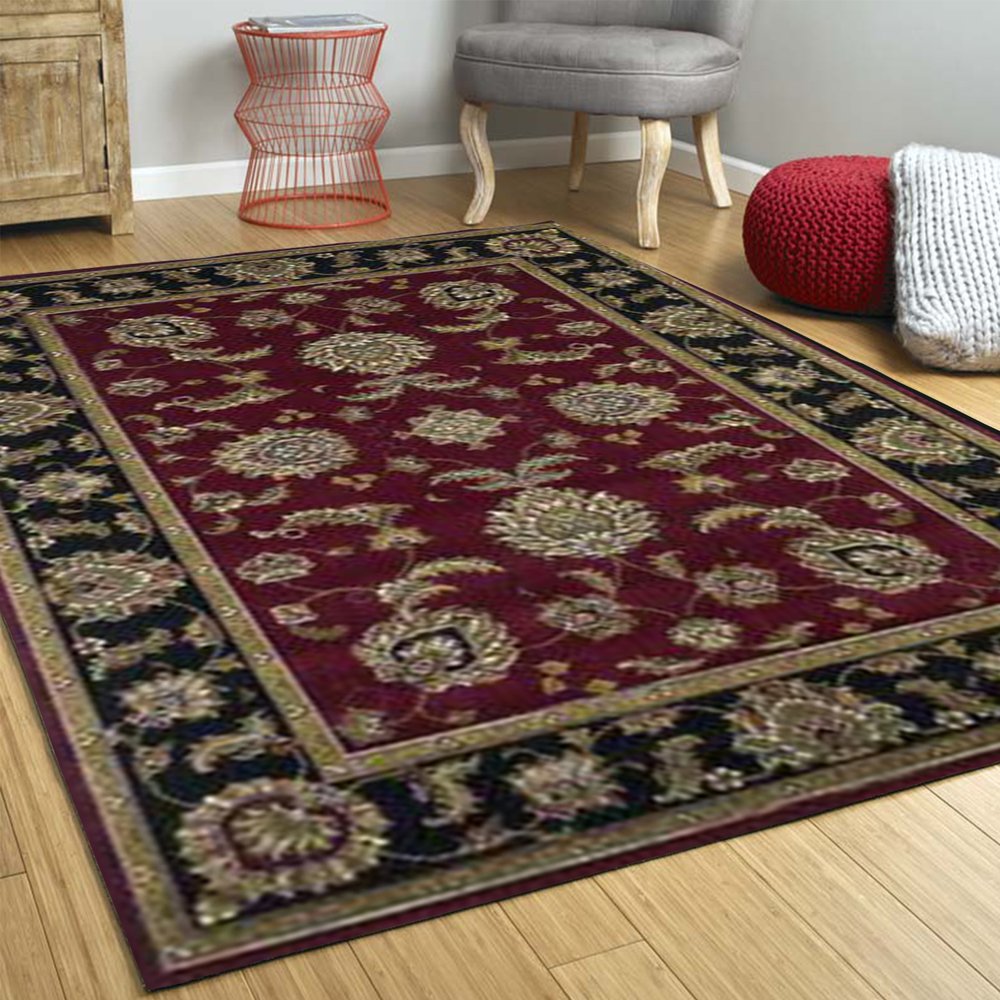 7' Red Black And Gold Floral Medallion Octagon Rug