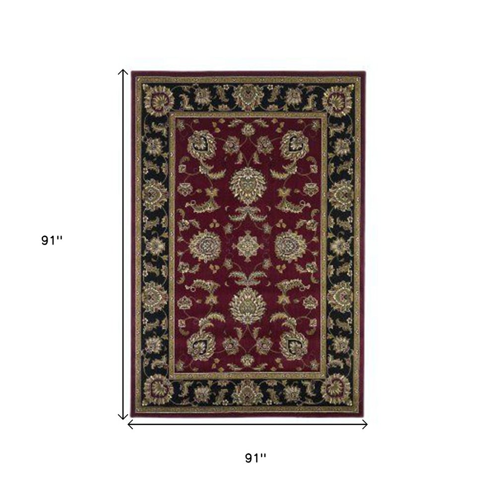 7' Red Black And Gold Floral Medallion Octagon Rug