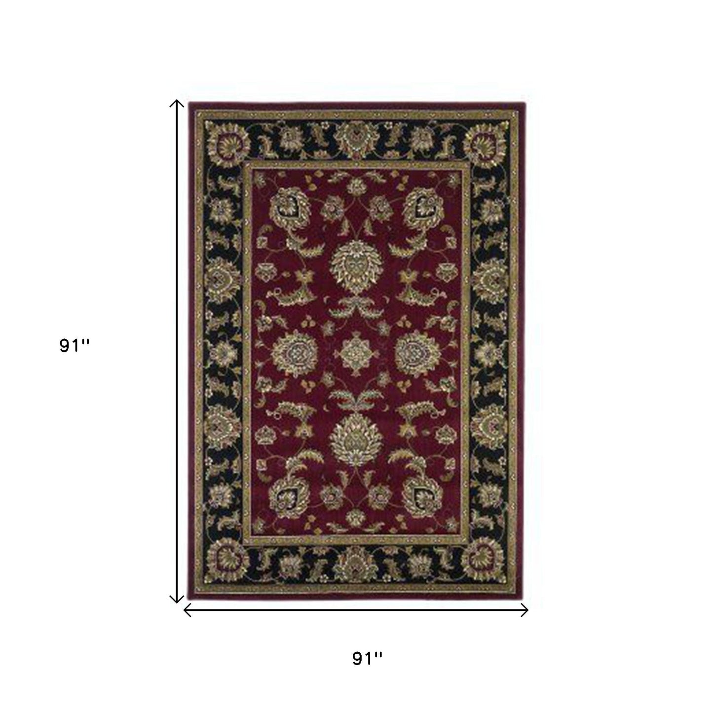 7' Red Black And Gold Floral Medallion Octagon Rug