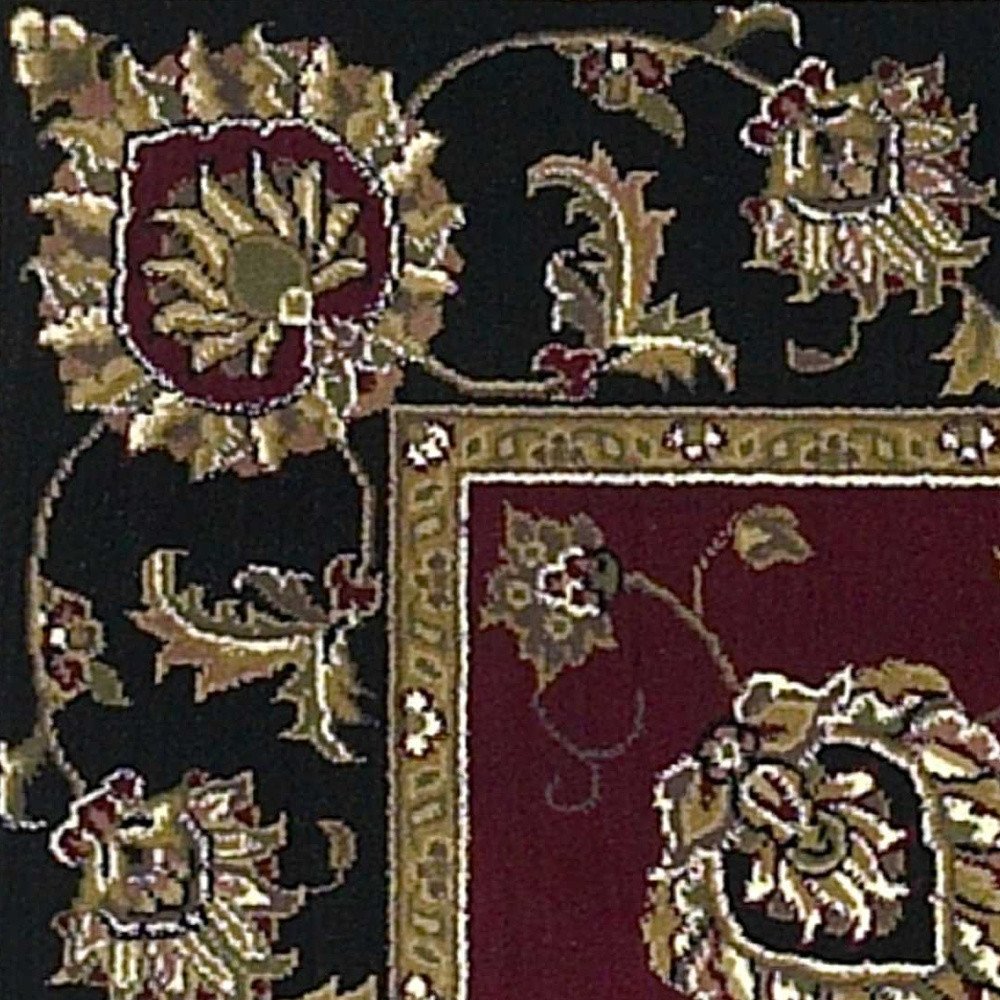 7' Red Black And Gold Floral Medallion Octagon Rug