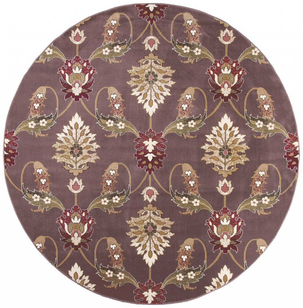 7' Purple Ivory And Brown Floral Octagon Rug