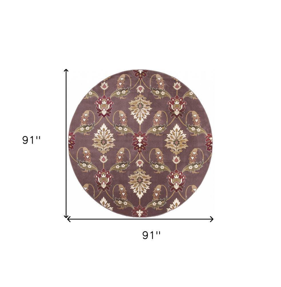 7' Purple Ivory And Brown Floral Octagon Rug
