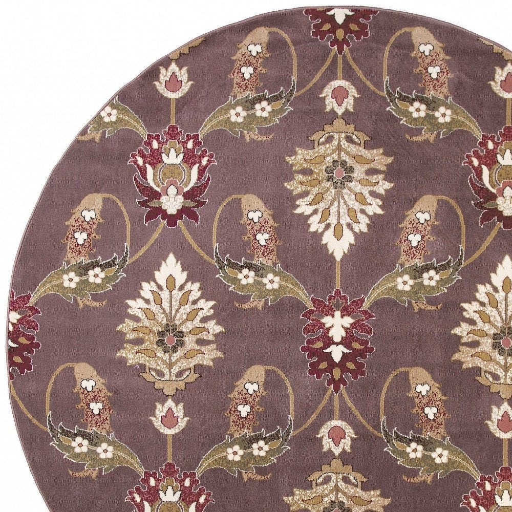 7' Purple Ivory And Brown Floral Octagon Rug