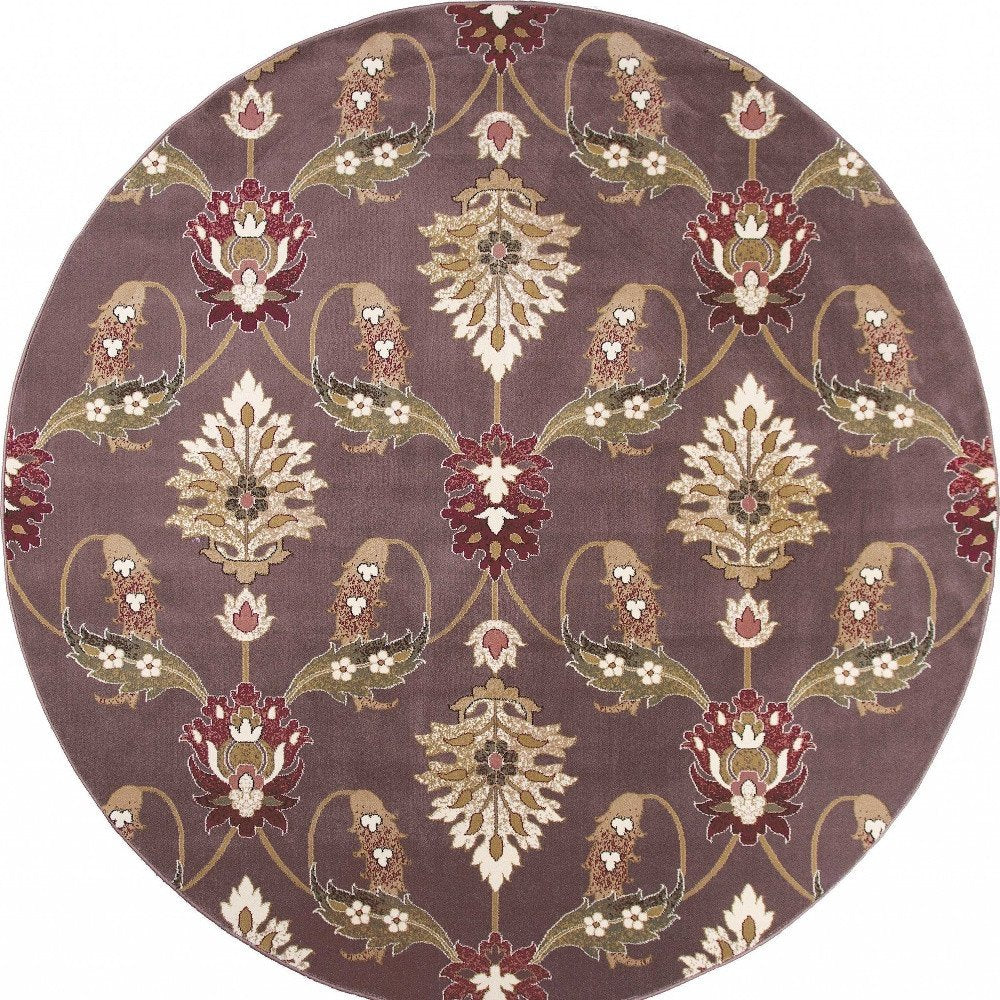 7' Purple Ivory And Brown Floral Octagon Rug