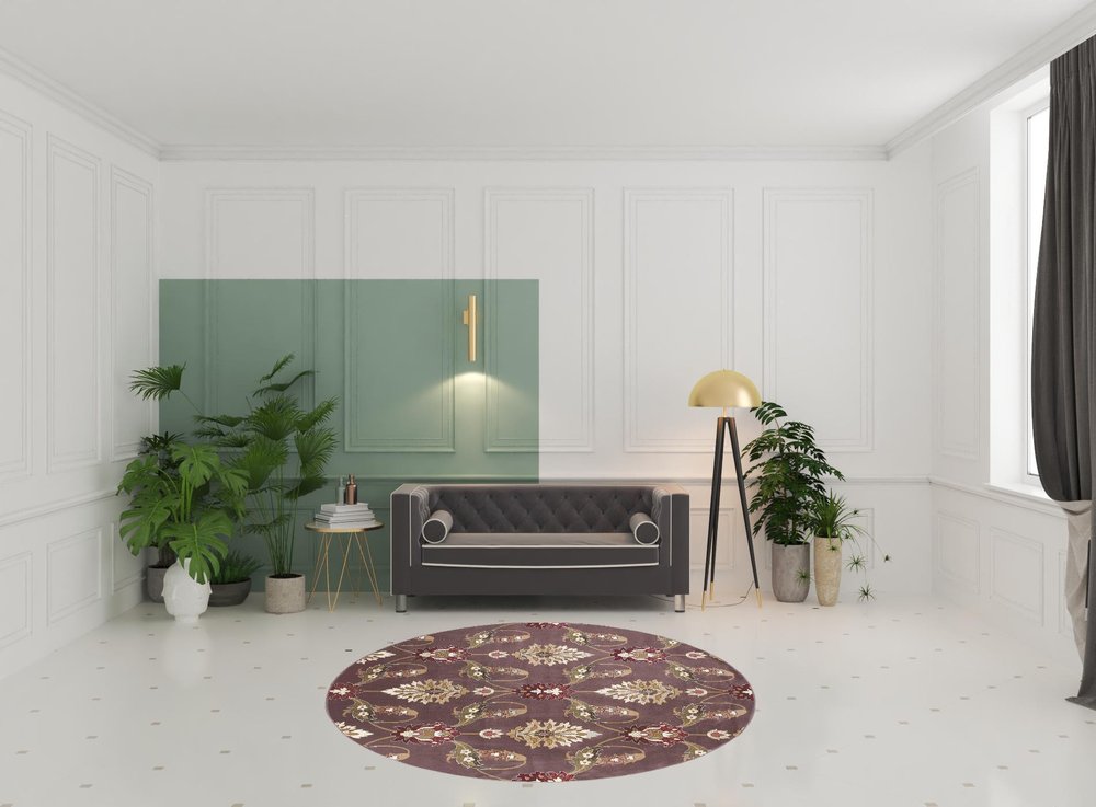 7' Purple Ivory And Brown Floral Octagon Rug