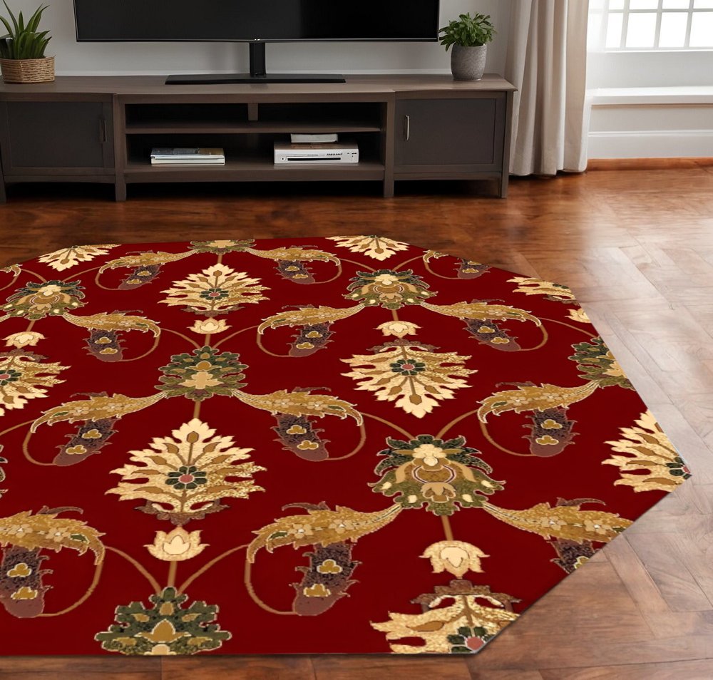 9' X 13' Red Beige And Brown Floral Vines Area Rug