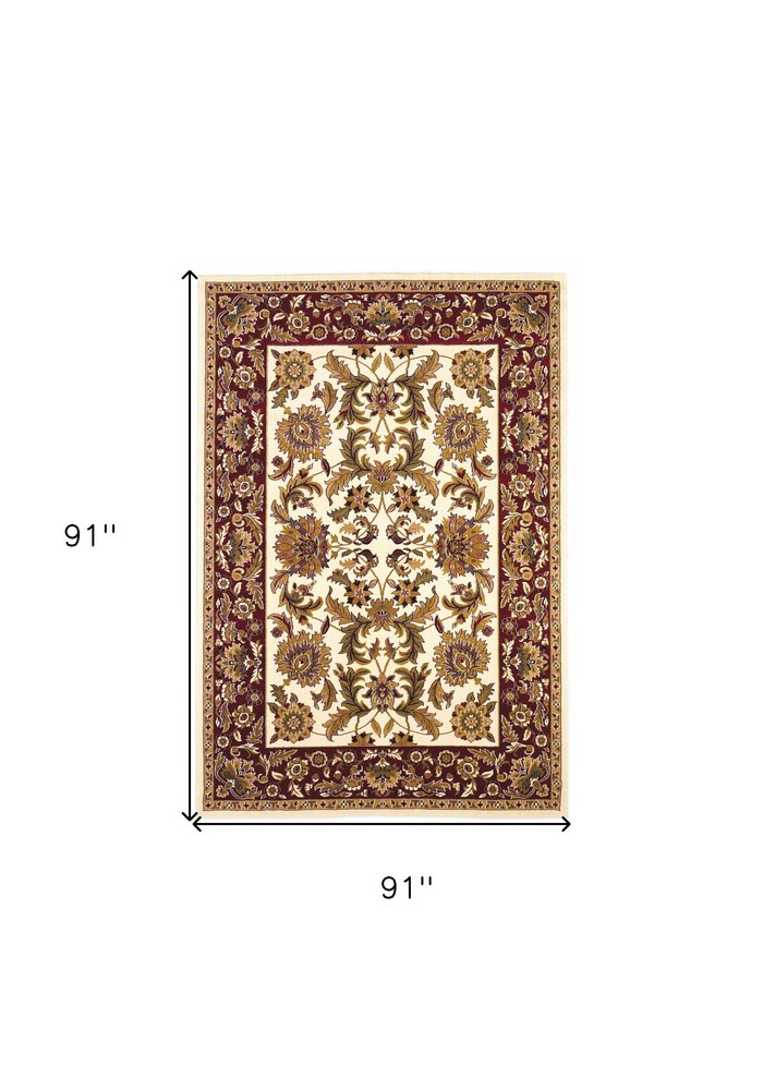 8' Ivory Red And Orange Floral Medallion Octagon Rug