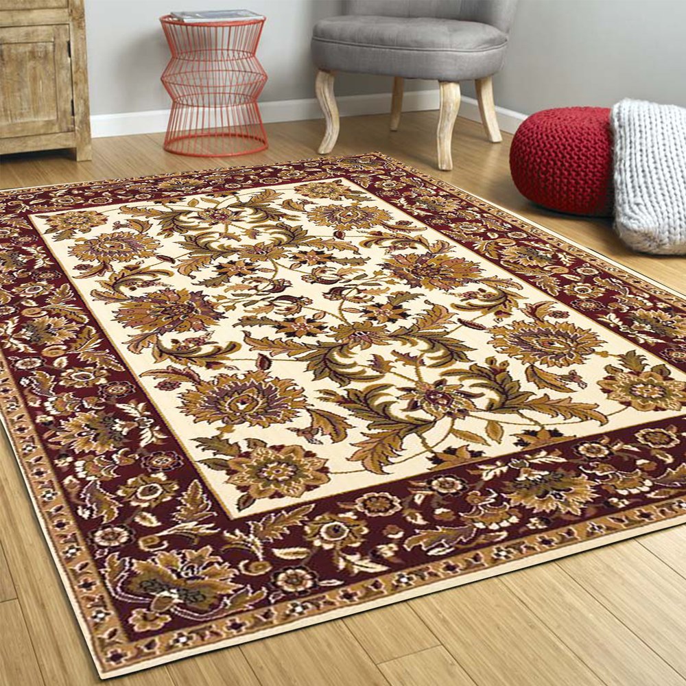 8' Ivory Red And Orange Floral Medallion Octagon Rug