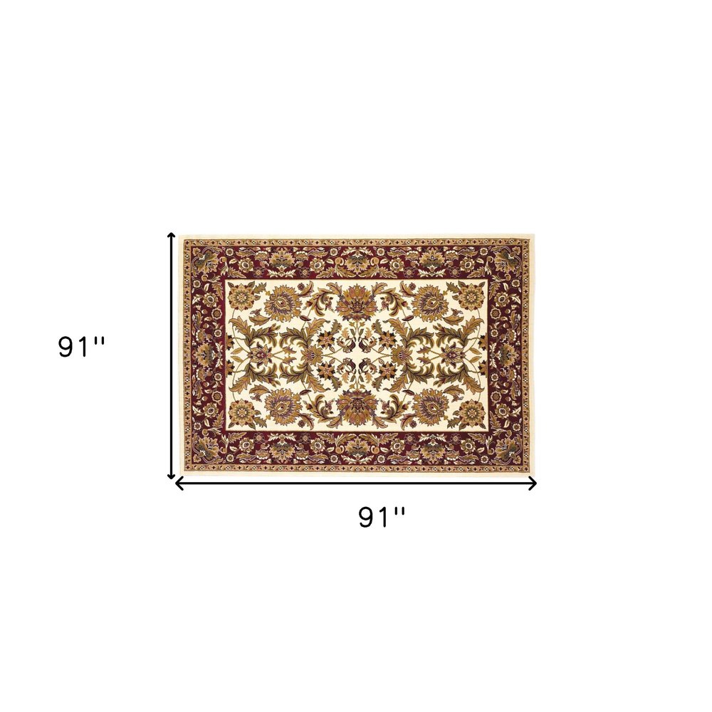 8' Ivory Red And Orange Floral Medallion Octagon Rug