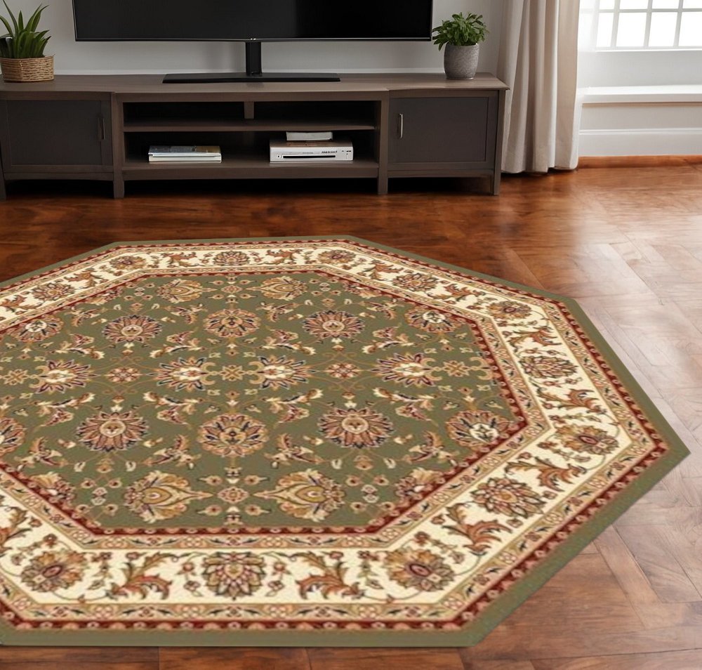 7' Green And Ivory Floral Octagon Rug