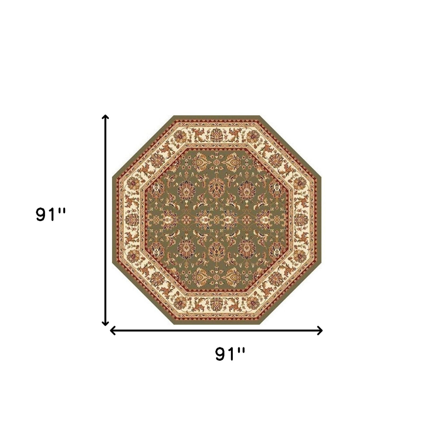 7' Green And Ivory Floral Octagon Rug