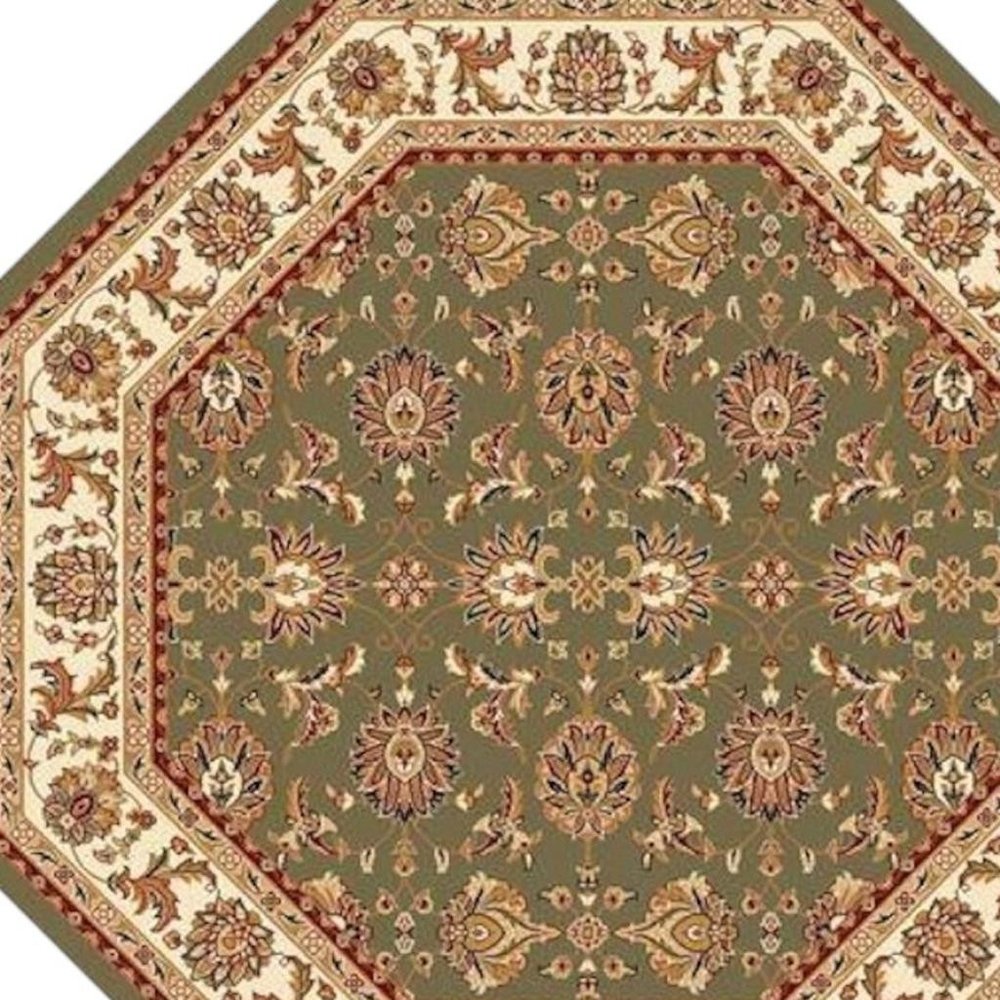 7' Green And Ivory Floral Octagon Rug