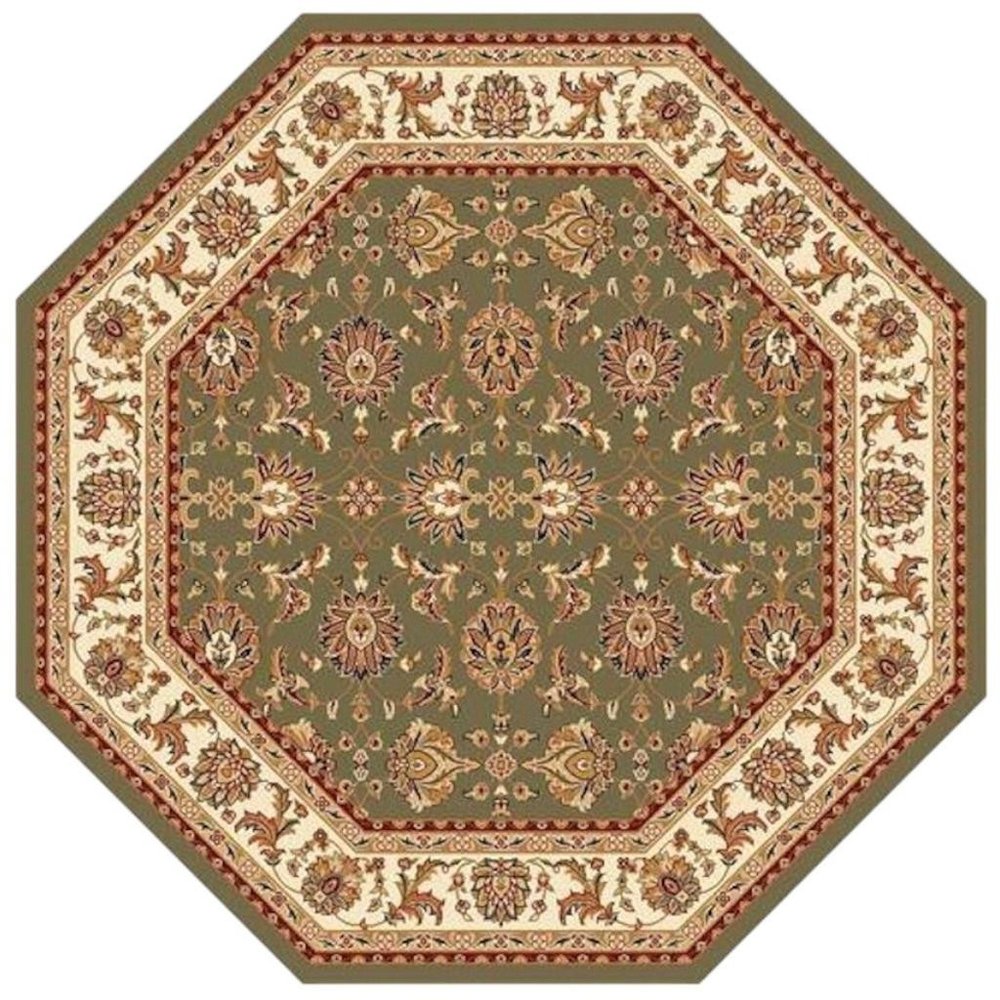 7' Green And Ivory Floral Octagon Rug