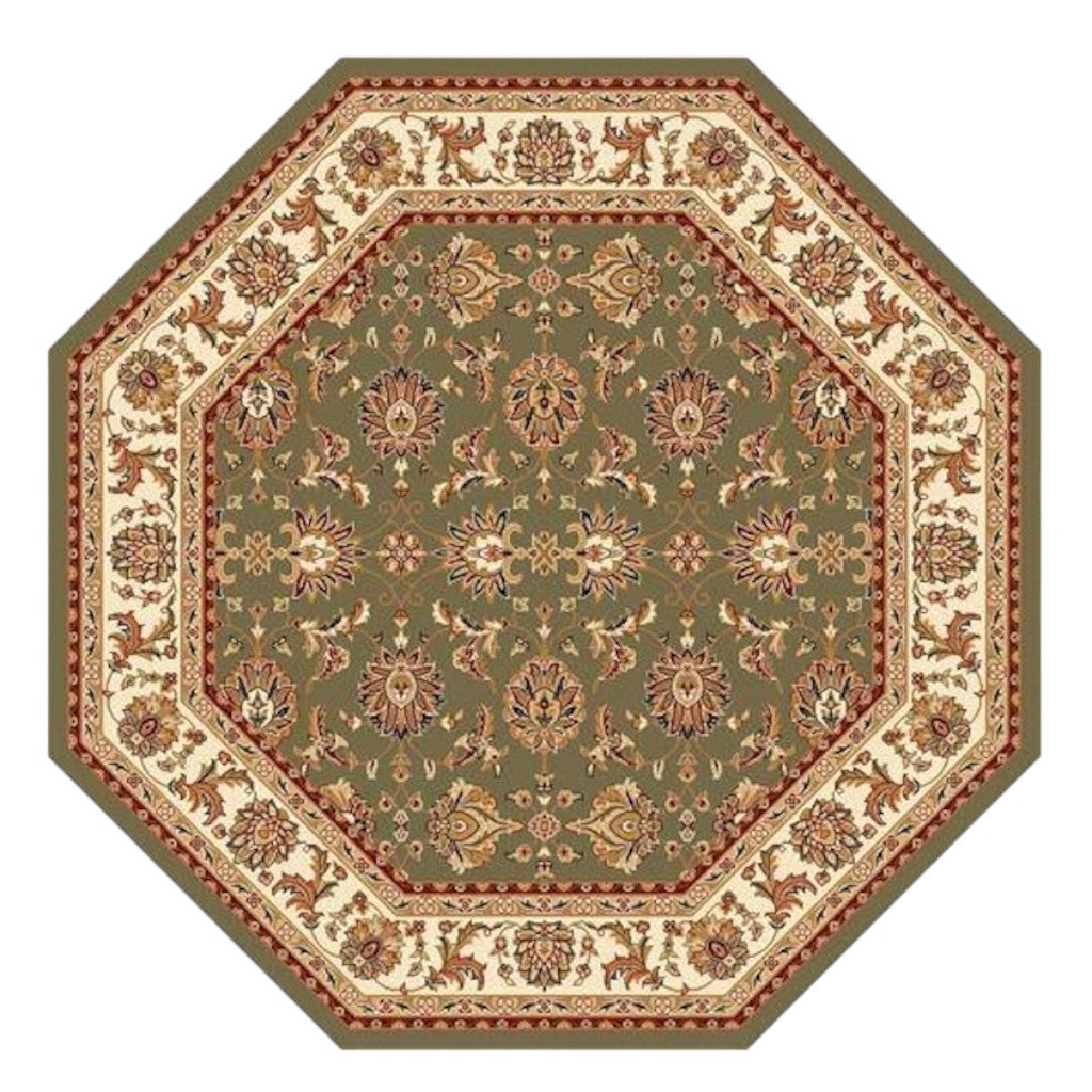 7' Green And Ivory Floral Octagon Rug
