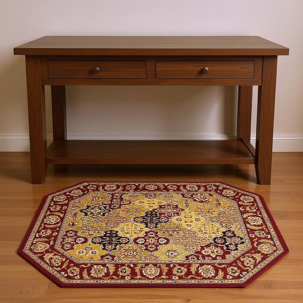 7' Red Orange And Black Quatrefoil Octagon Rug