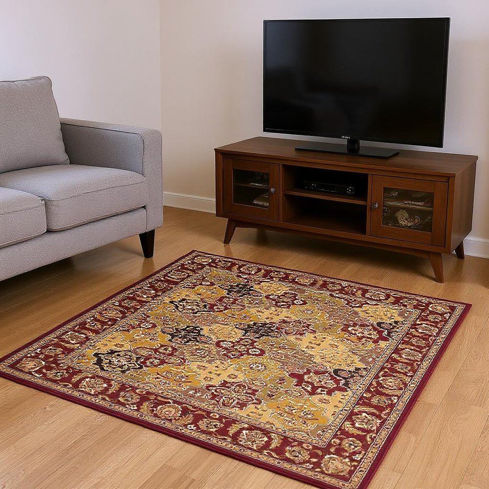 7' Red Orange And Black Quatrefoil Octagon Rug