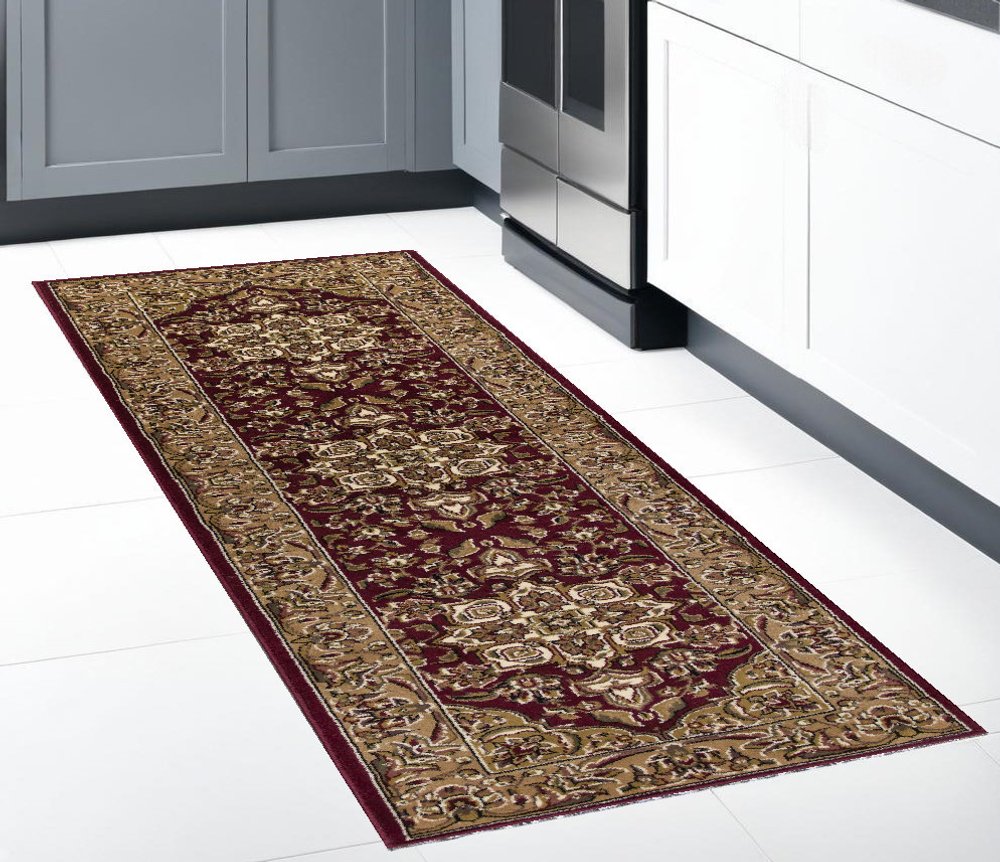 7' Red And Beige Floral Medallion Octagon Rug