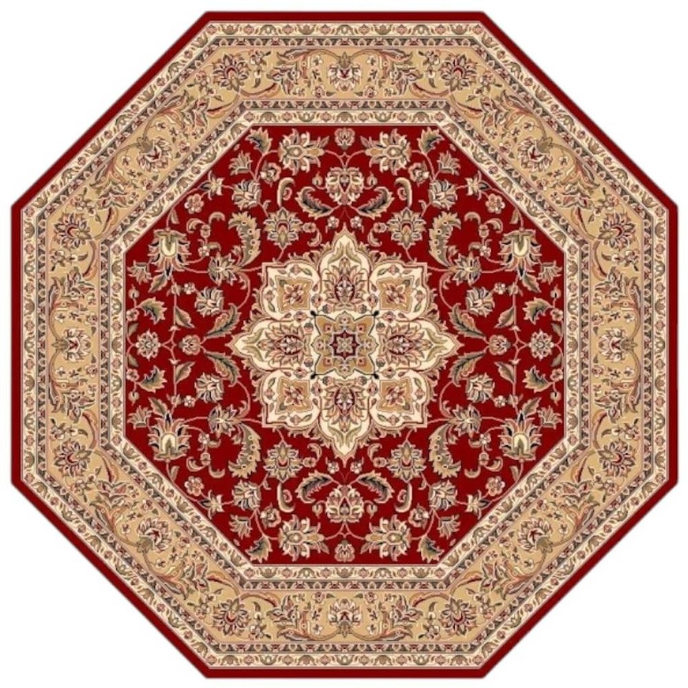 7' Red And Beige Floral Medallion Octagon Rug
