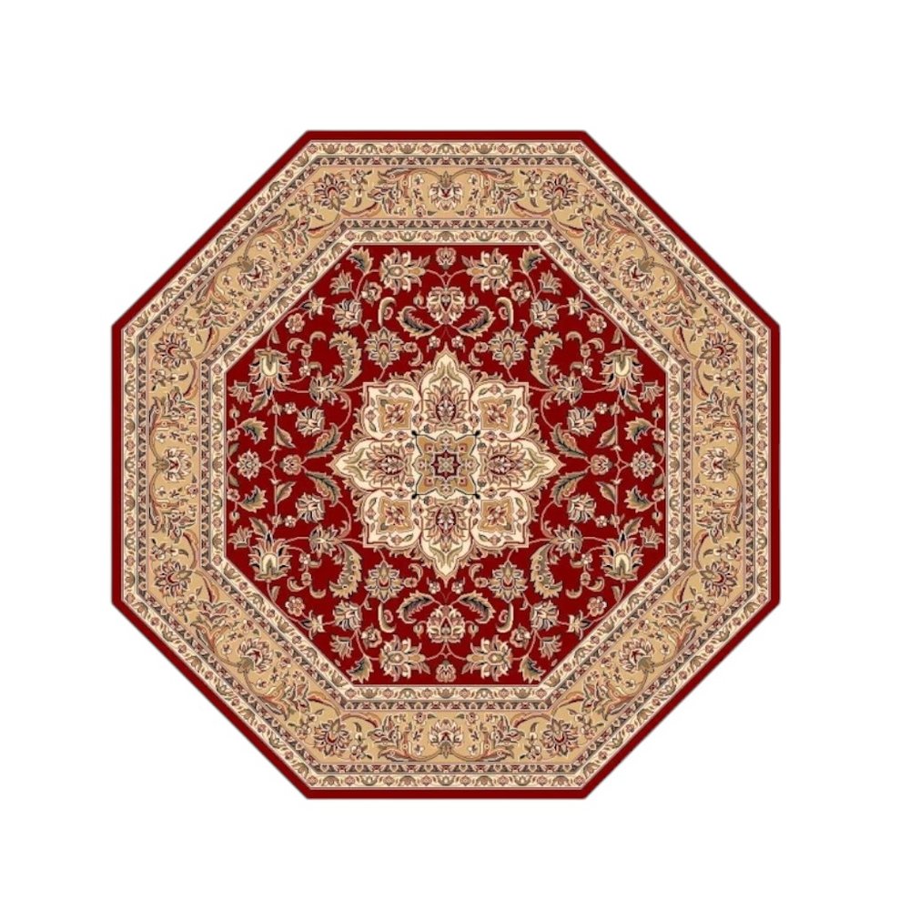 7' Red And Beige Floral Medallion Octagon Rug