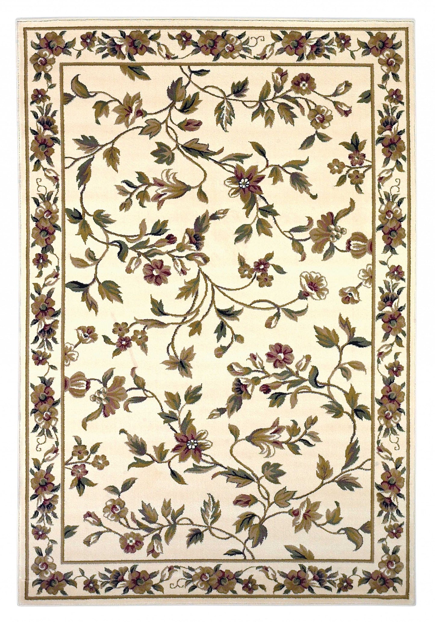 2' X 3' Ivory Green And Red Floral Vines Area Rug