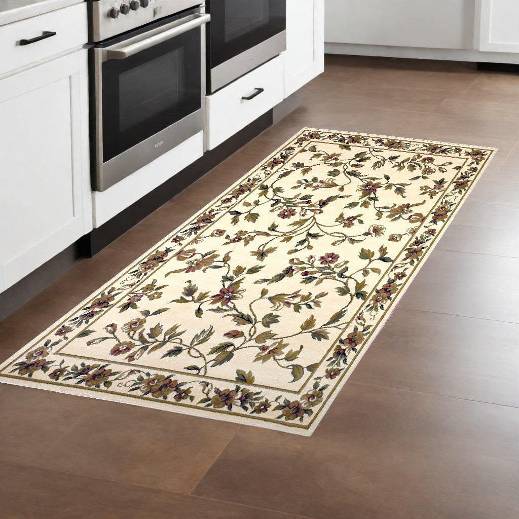 2' X 3' Ivory Green And Red Floral Vines Area Rug