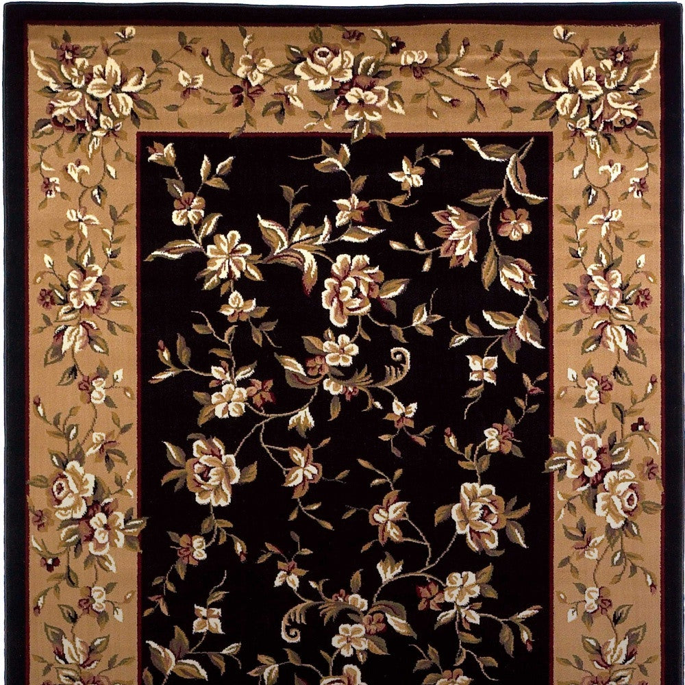 3' X 5' Black Beige Machine Woven Floral Vines Indoor Area Rug