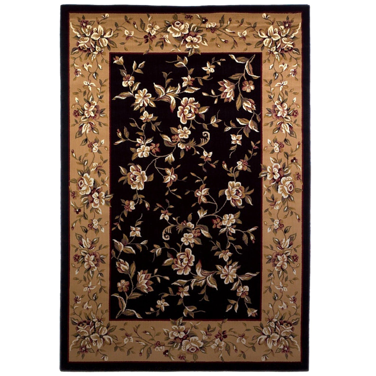3' X 5' Black Beige Machine Woven Floral Vines Indoor Area Rug