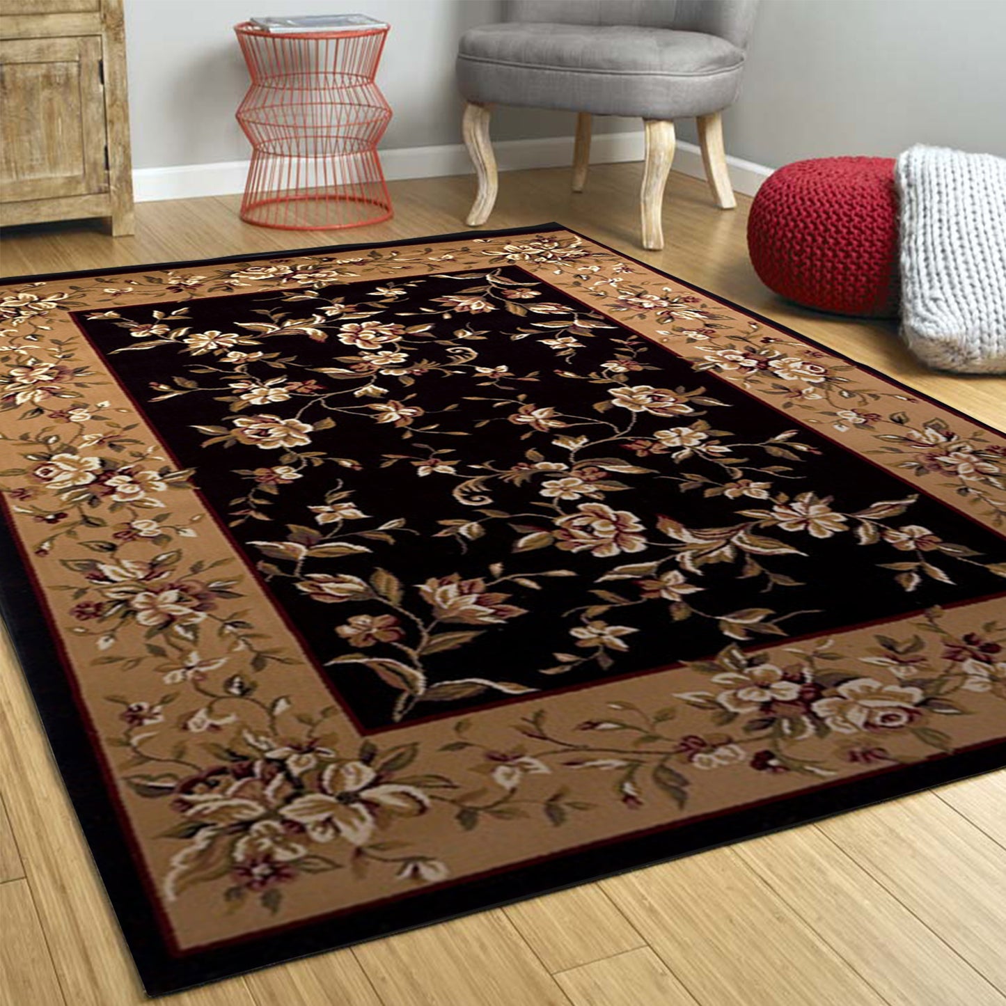 3' X 5' Black Beige Machine Woven Floral Vines Indoor Area Rug