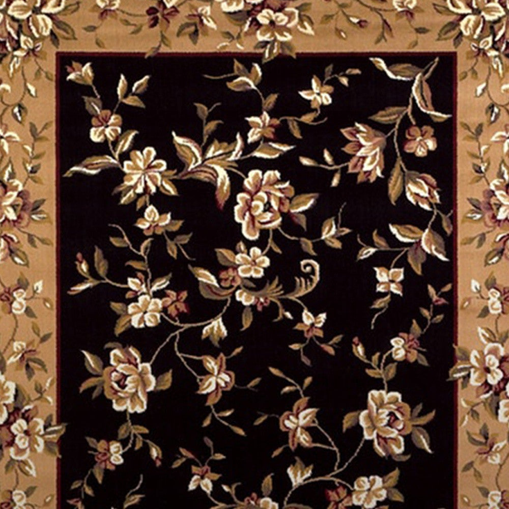 3' X 5' Black Beige Machine Woven Floral Vines Indoor Area Rug