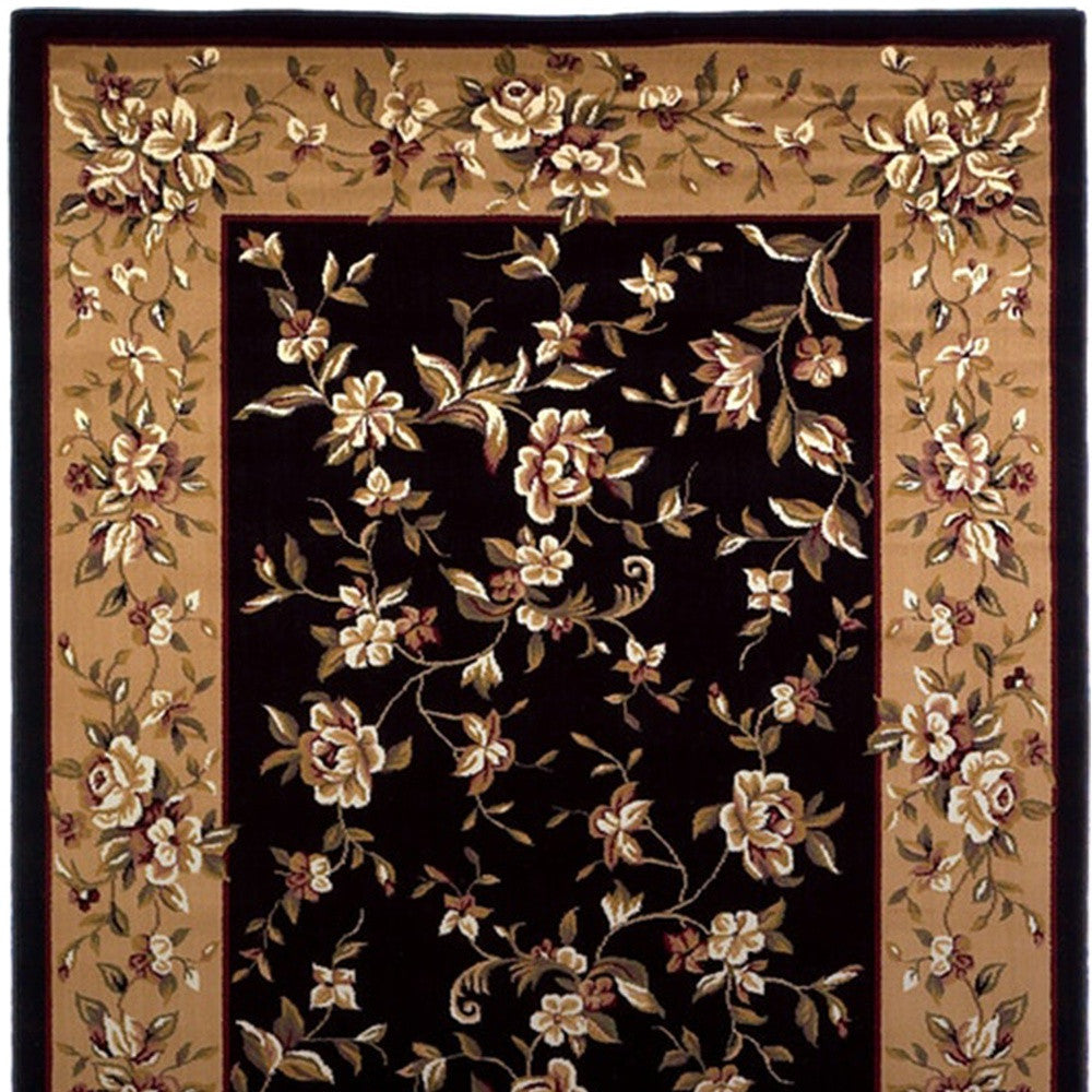 3' X 5' Black Beige Machine Woven Floral Vines Indoor Area Rug