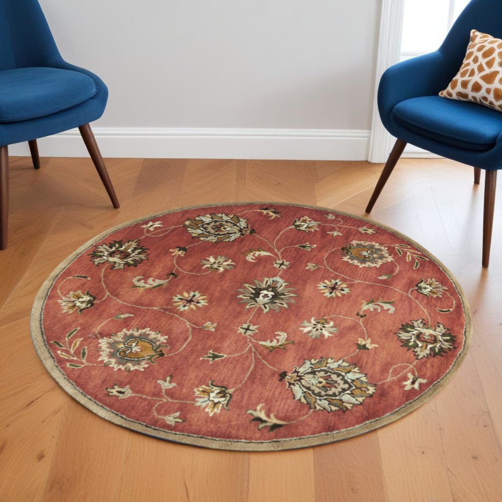 5' X 8' Sienna Gold And Green New Zealand Lambs Wool Floral Vines Hand Tufted Area Rug