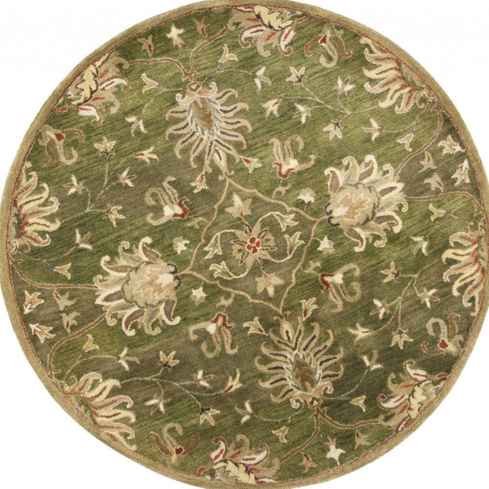 5' X 8' Green Red And Ivory Wool Floral Medallion Hand Tufted Area Rug
