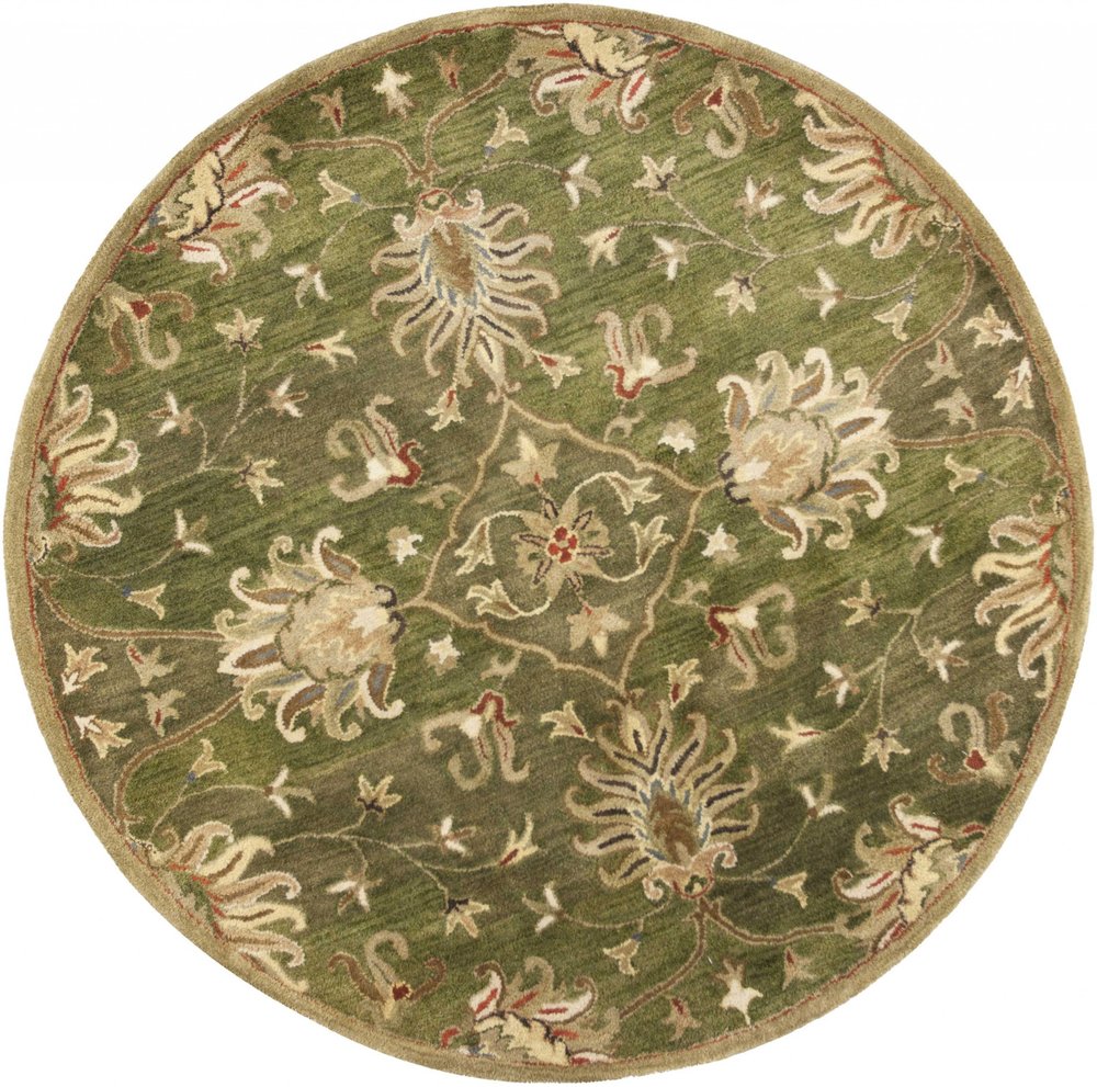 5' X 8' Green Red And Ivory Wool Floral Medallion Hand Tufted Area Rug
