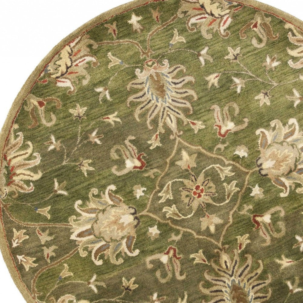 5' X 8' Green Red And Ivory Wool Floral Medallion Hand Tufted Area Rug