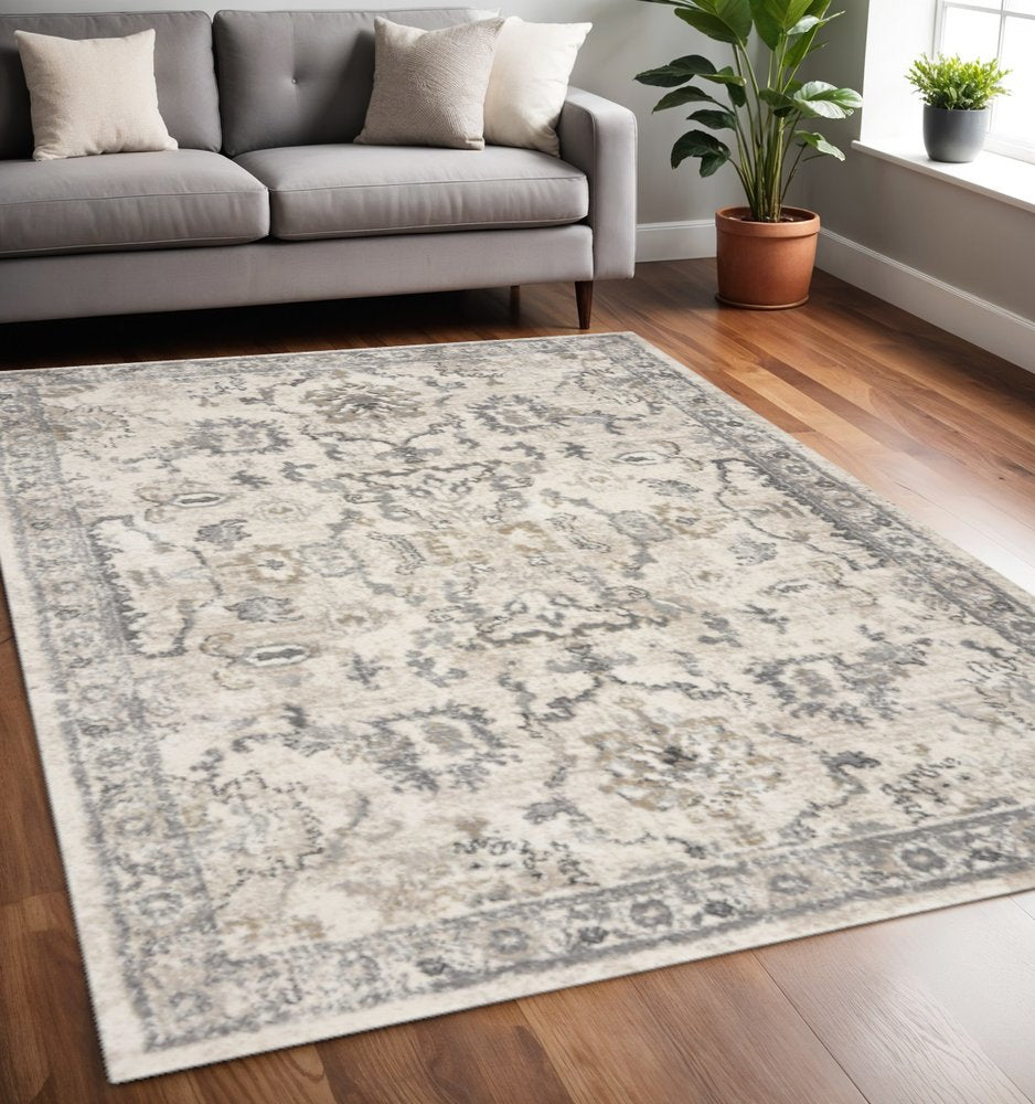 8' X 10' Ivory And Gray Floral Medallion Area Rug